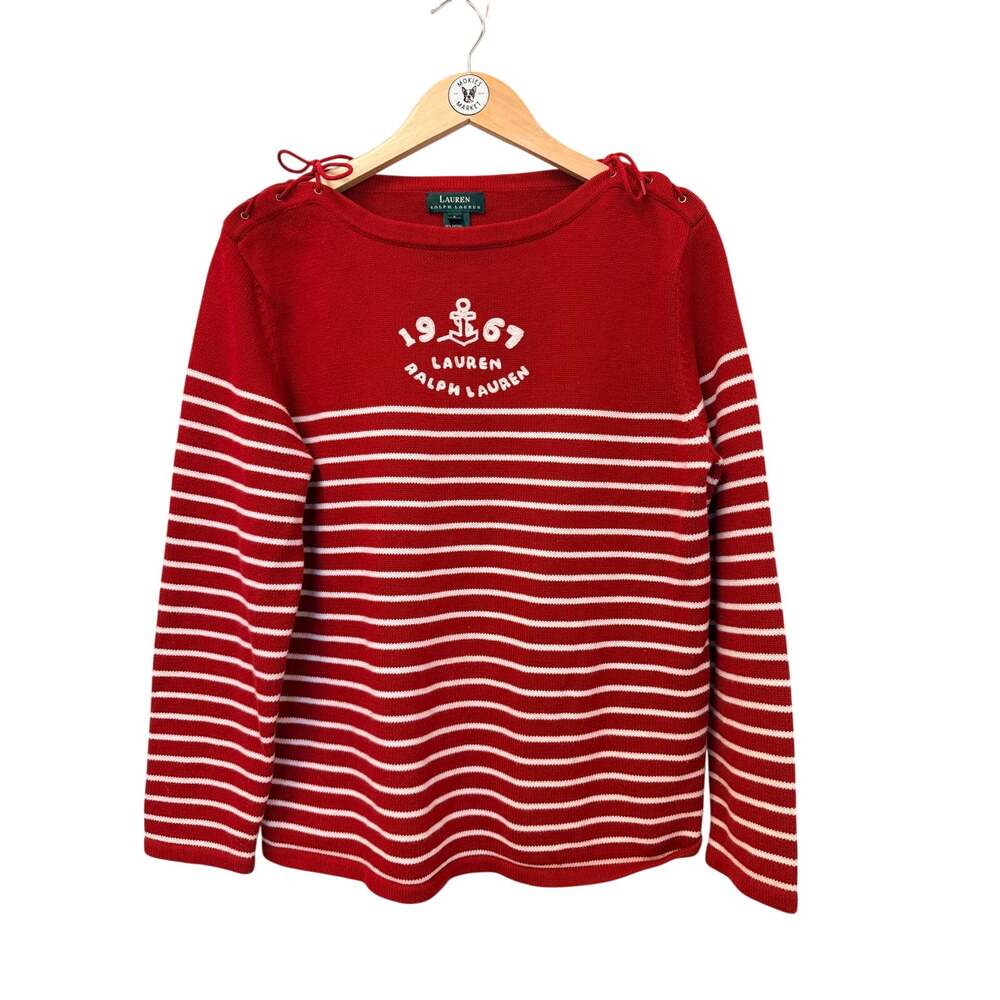 Vintage Lauren Ralph Lauren Red Breton Stripe Boat Neck Sweater L Anchor Coastal